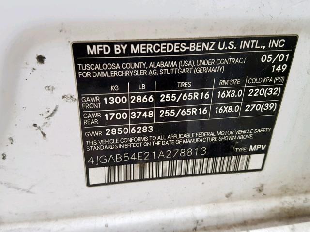 4JGAB54E21A278813 - 2001 MERCEDES-BENZ ML 320 WHITE photo 10