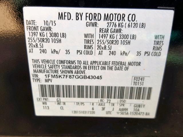 1FM5K7F87GGB43045 - 2016 FORD EXPLORER L BLACK photo 10