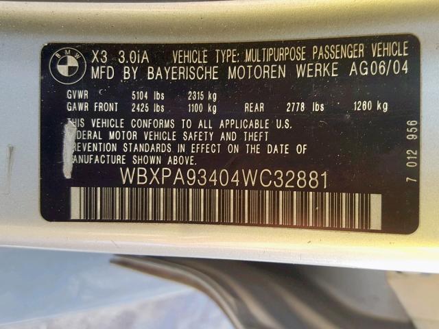 WBXPA93404WC32881 - 2004 BMW X3 3.0I GRAY photo 10