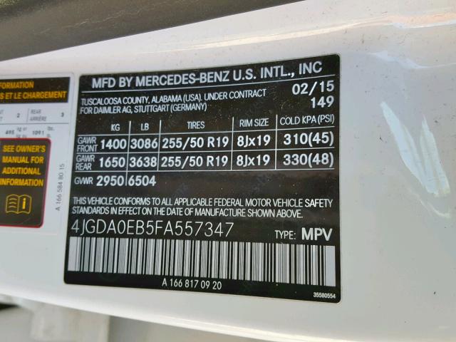 4JGDA0EB5FA557347 - 2015 MERCEDES-BENZ ML 250 BLU WHITE photo 10