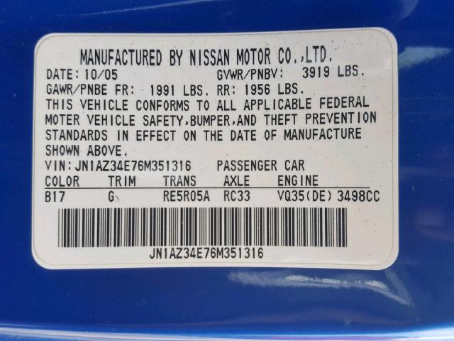 JN1AZ34E76M351316 - 2006 NISSAN 350Z COUPE BLUE photo 10