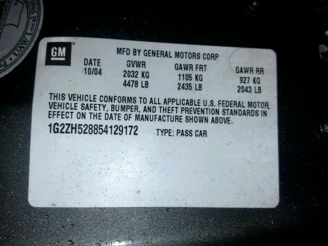 1G2ZH528854129172 - 2005 PONTIAC G6 GT GRAY photo 10