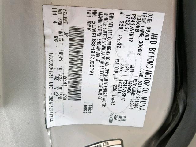 5LMEU88H84ZJ02191 - 2004 LINCOLN AVIATOR 银色 照片 10