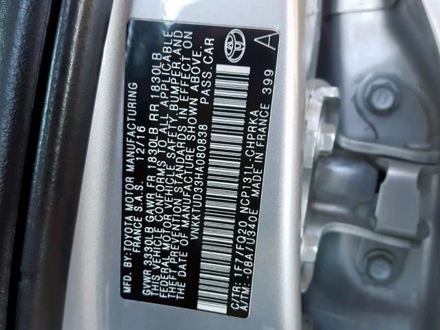 VNKKTUD33HA080838 - 2017 TOYOTA YARIS L SILVER photo 10