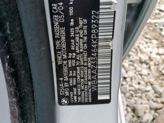 WBAAZ33464KP89322 - 2004 BMW 325 IS SUL SILVER photo 10