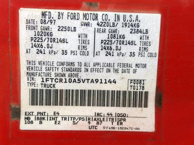 1FTCR10A5VTA91144 - 1997 FORD RANGER RED photo 10