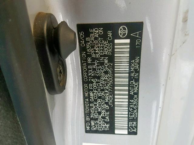 JTKDE177750059512 - 2005 TOYOTA SCION TC ვერცხლისფერი ფოტო 10