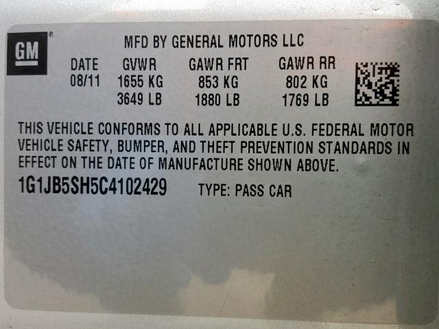 1G1JB5SH5C4102429 - 2012 CHEVROLET SONIC LS 银色 照片 10