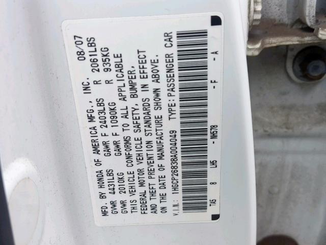 1HGCP26838A004049 - 2008 HONDA ACCORD EXL WHITE photo 10