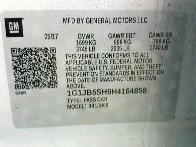 1G1JB5SH9H4164858 - 2017 CHEVROLET SONIC LS 银色 照片 10