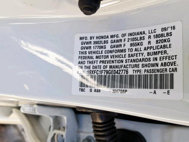 19XFC1F79GE042776 - 2016 HONDA CIVIC EXL WHITE photo 10