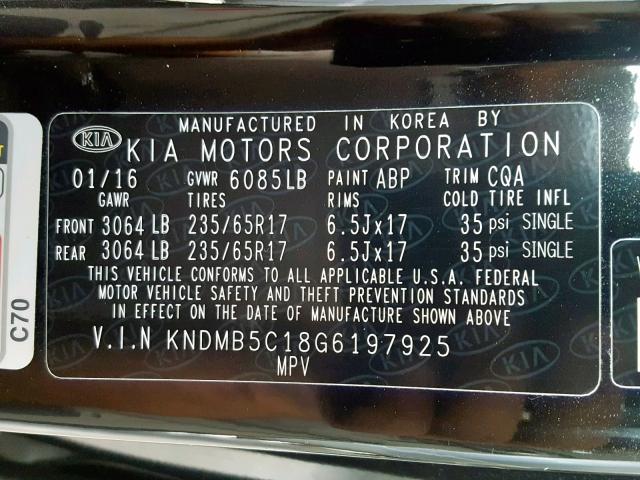 KNDMB5C18G6197925 - 2016 KIA SEDONA LX BLACK photo 10