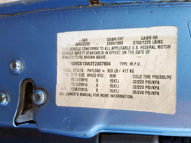 1GNCS13W2T2307604 - 1996 CHEVROLET BLAZER BLUE photo 10