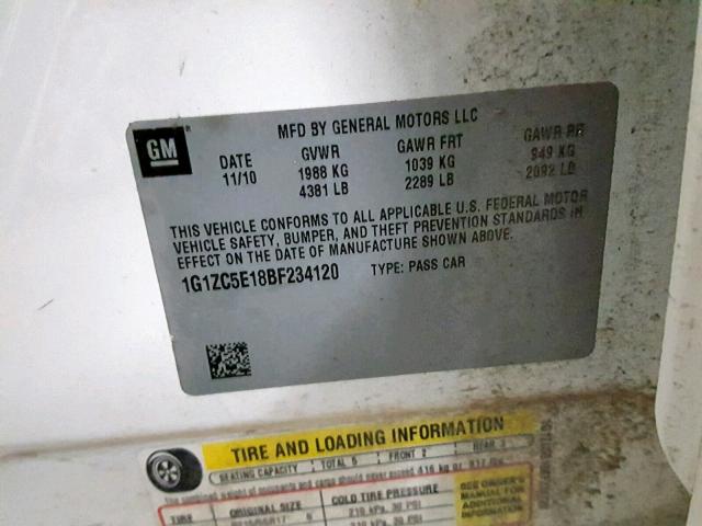 1G1ZC5E18BF234120 - 2011 CHEVROLET MALIBU 1LT თეთრი ფოტო 10