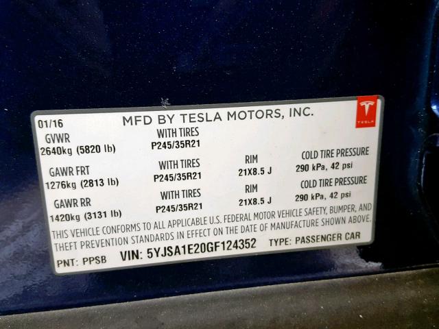 5YJSA1E20GF124352 - 2016 TESLA MODEL S Կապույտ լուսանկար 10