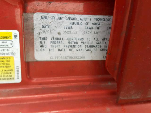 KL1TD56E79B392260 - 2009 CHEVROLET AVEO LS RED photo 10