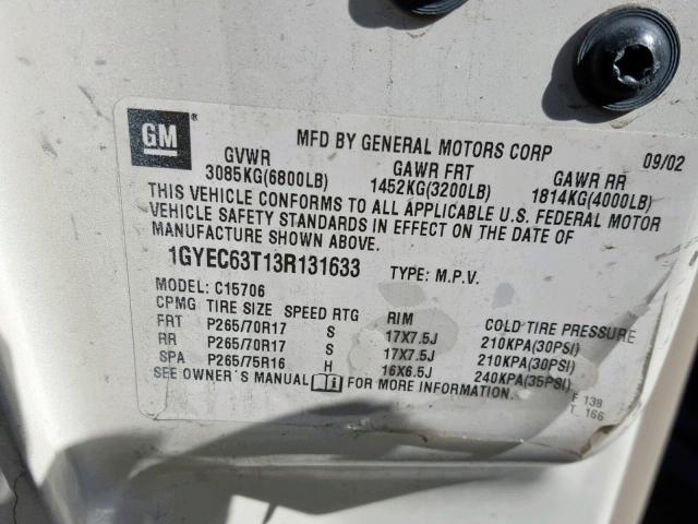 1GYEC63T13R131633 - 2003 CADILLAC ESCALADE L WHITE photo 10