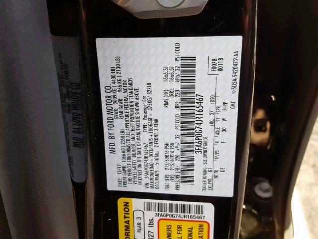 3FA6P0G74JR165467 - 2018 FORD FUSION S BLACK photo 10