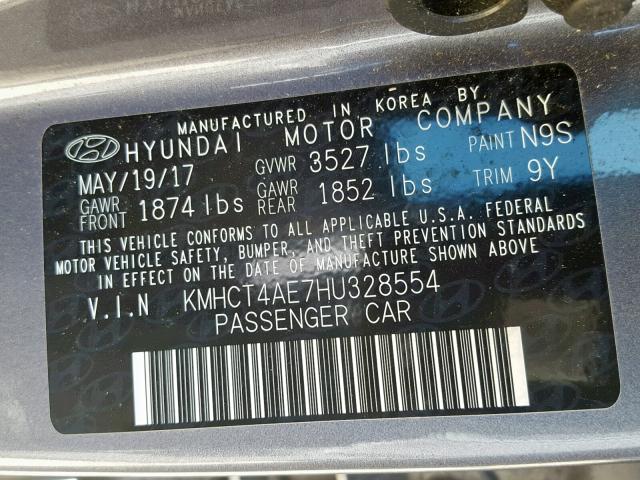 KMHCT4AE7HU328554 - 2017 HYUNDAI ACCENT SE SILVER photo 10