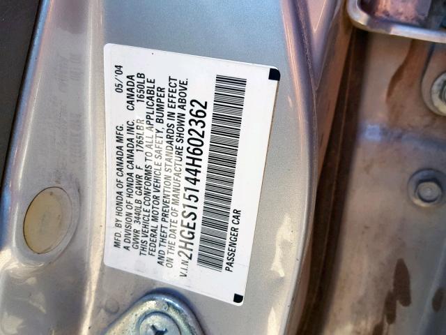 2HGES15144H602362 - 2004 HONDA CIVIC DX SILVER photo 10