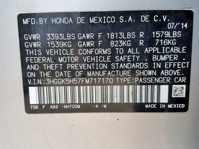 3HGGK5H57FM717170 - 2015 HONDA FIT LX SILVER photo 10