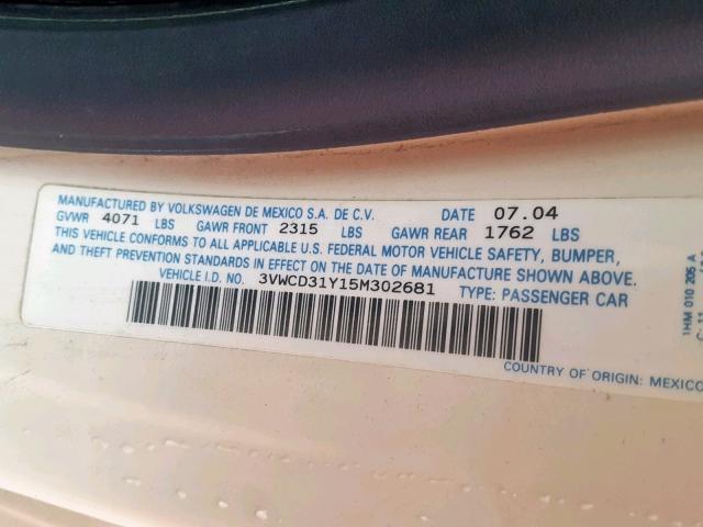 3VWCD31Y15M302681 - 2005 VOLKSWAGEN NEW BEETLE CREAM photo 10