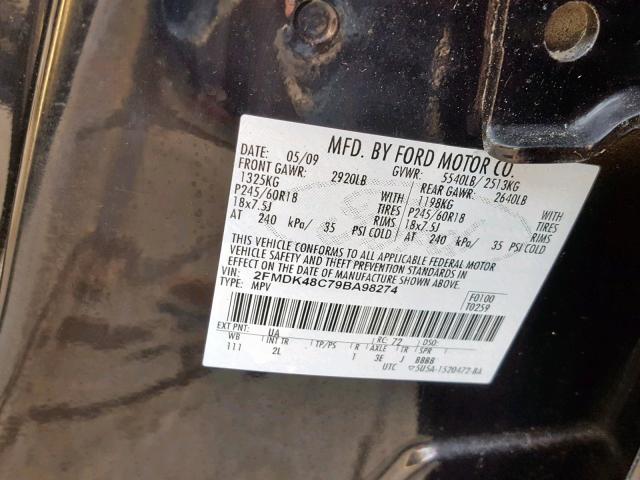 2FMDK48C79BA98274 - 2009 FORD EDGE SEL BLACK photo 10