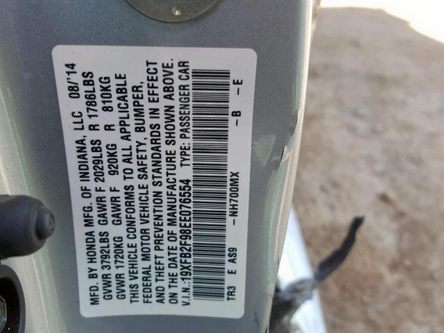 19XFB2F98EE076554 - 2014 HONDA CIVIC EXL SILVER photo 10