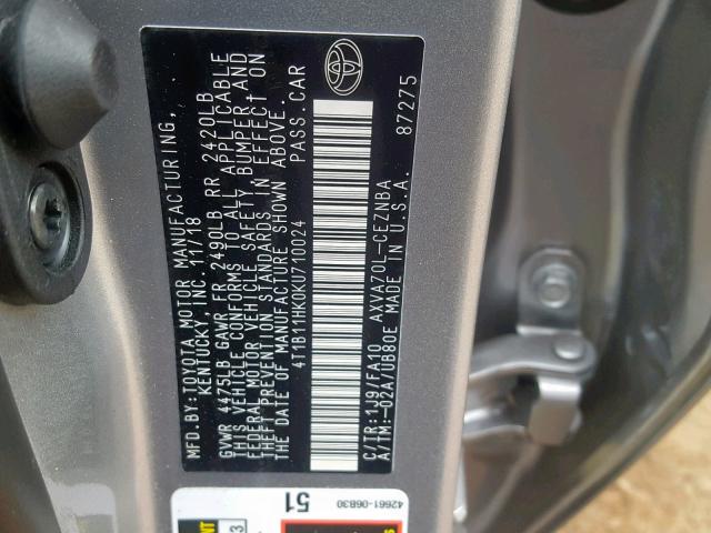 4T1B11HK0KU710024 - 2019 TOYOTA CAMRY L SILVER photo 10