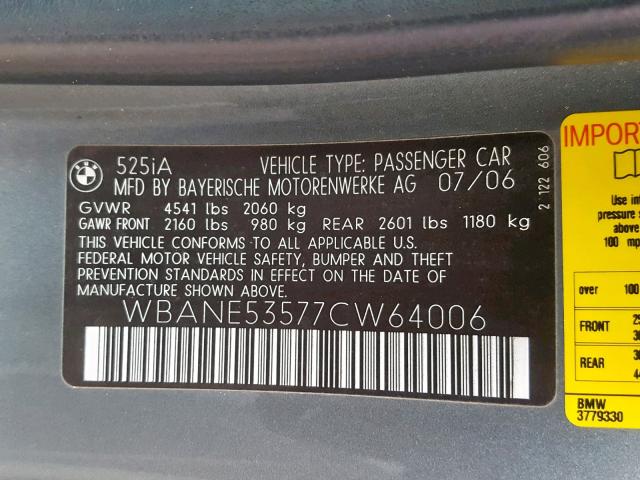 WBANE53577CW64006 - 2007 BMW 525 I GRAY photo 10