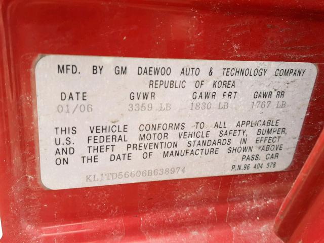 KL1TD56606B638974 - 2006 CHEVROLET AVEO BASE წითელი ფოტო 10