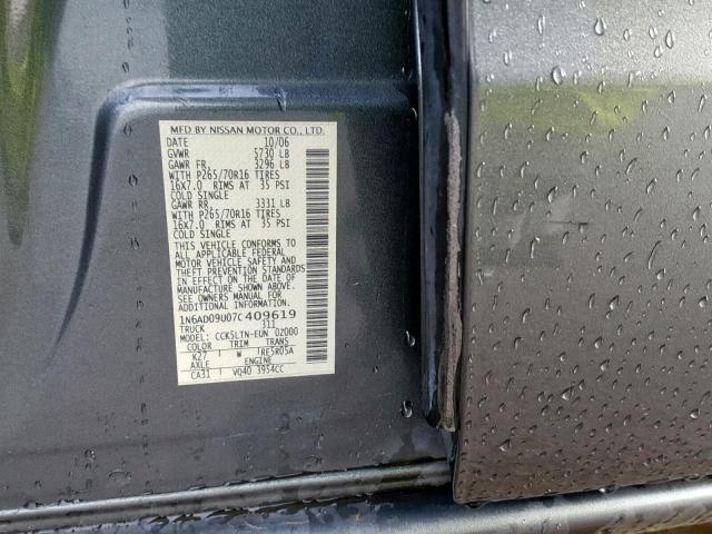 1N6AD09U07C409619 - 2007 NISSAN FRONTIER C GRAY photo 10