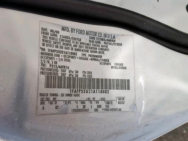 1FAFP55U21A118082 - 2001 FORD TAURUS SES WHITE photo 10