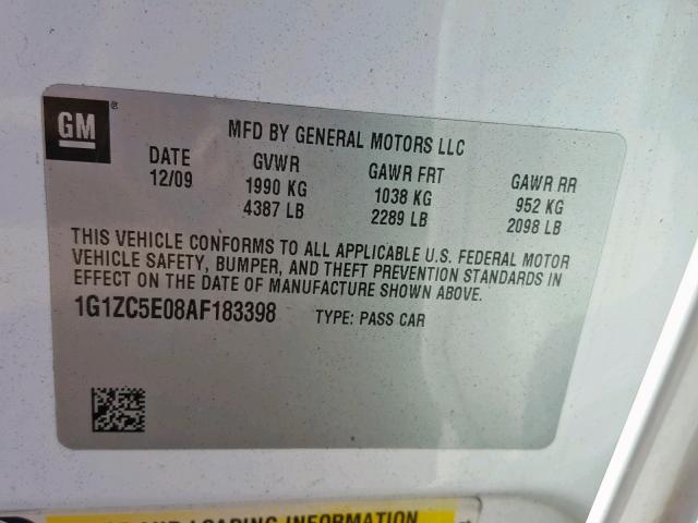 1G1ZC5E08AF183398 - 2010 CHEVROLET MALIBU 1LT თეთრი ფოტო 10