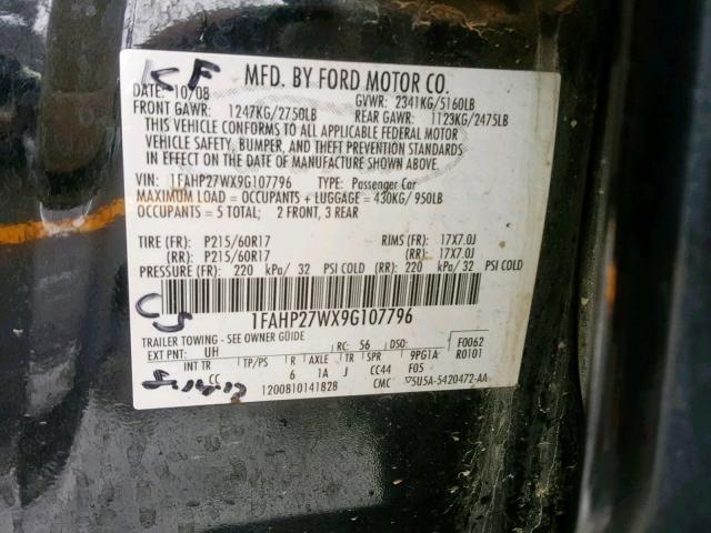 1FAHP27WX9G107796 - 2009 FORD TAURUS SEL BLACK photo 10