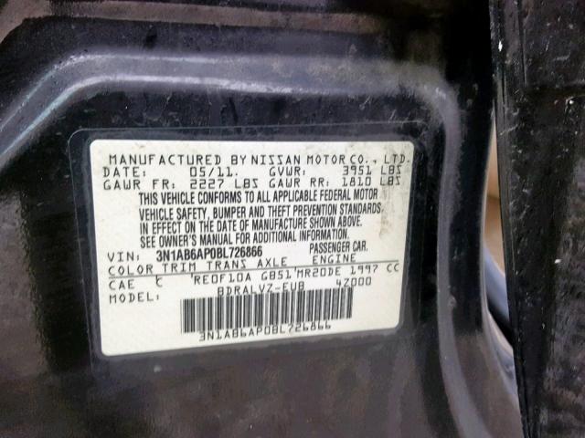 3N1AB6AP0BL726866 - 2011 NISSAN SENTRA 2.0 BLACK photo 10