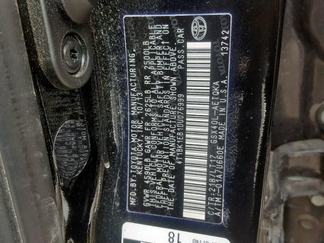 4T1BK1EB1DU076999 - 2013 TOYOTA AVALON BAS BLACK photo 10