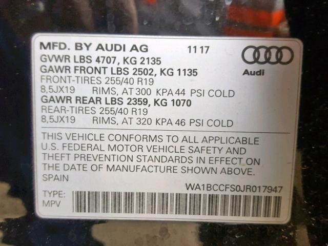 WA1BCCFS0JR017947 - 2018 AUDI Q3 PREMIUM BLACK photo 10