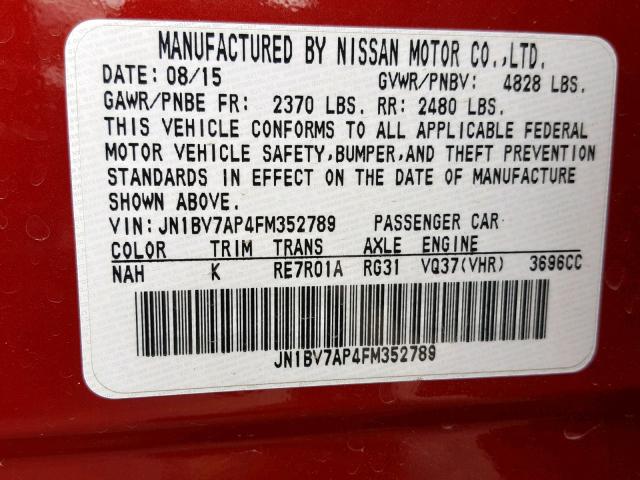 JN1BV7AP4FM352789 - 2015 INFINITI Q50 BASE RED photo 10