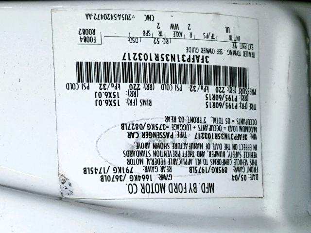 3FAFP31N35R103217 - 2005 FORD FOCUS ZX3 WHITE photo 10