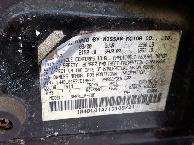 1N4DL01A71C108721 - 2001 NISSAN ALTIMA GXE BLACK photo 10