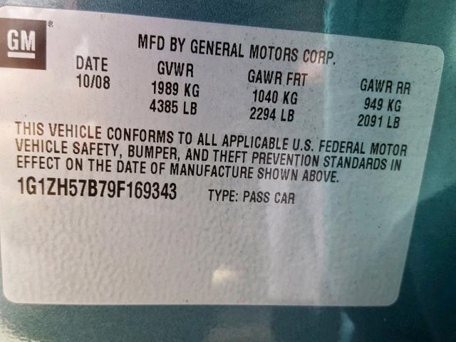 1G1ZH57B79F169343 - 2009 CHEVROLET MALIBU 1LT GREEN photo 10