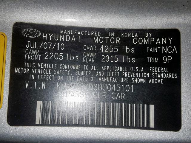 KMHHT6KD3BU045101 - 2011 HYUNDAI GENESIS CO SILVER photo 10