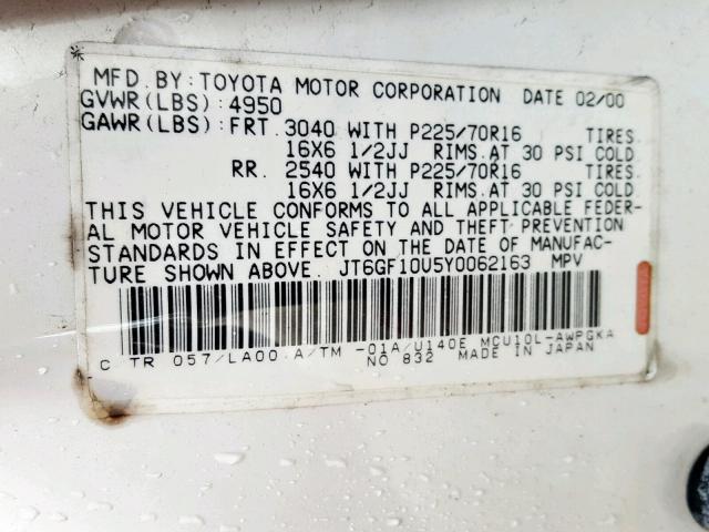 JT6GF10U5Y0062163 - 2000 LEXUS RX 300 WHITE photo 10