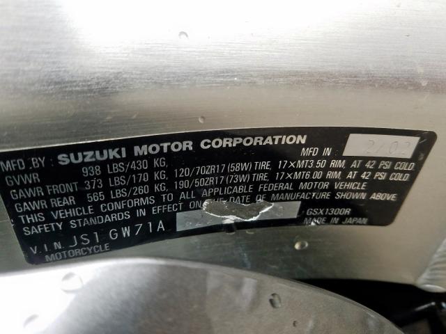 JS1GW71A722104550 - 2002 SUZUKI GSX1300 R  photo 10