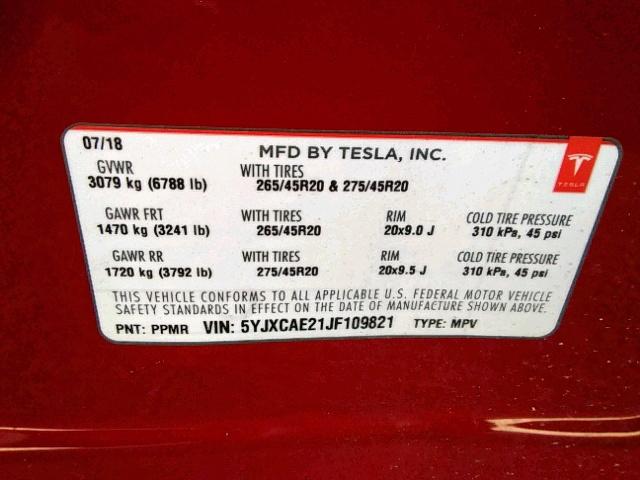 5YJXCAE21JF109821 - 2018 TESLA MODEL X RED photo 10