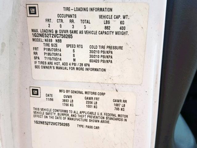 1G2NE52T2VC758265 - 1997 PONTIAC GRAND AM S WHITE photo 10