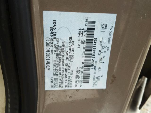 2FMZA52254BB21428 - 2004 FORD FREESTAR S TAN photo 10