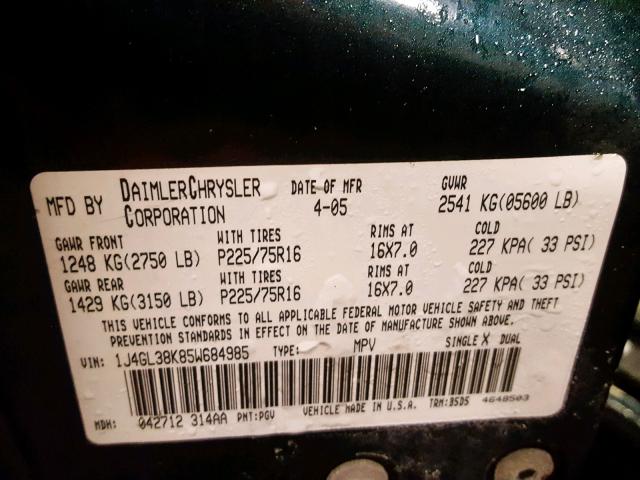 1J4GL38K85W684985 - 2005 JEEP LIBERTY RE BLACK photo 10