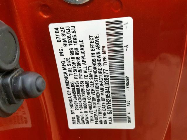 5J6YH28594L028577 - 2004 HONDA ELEMENT EX ORANGE photo 10